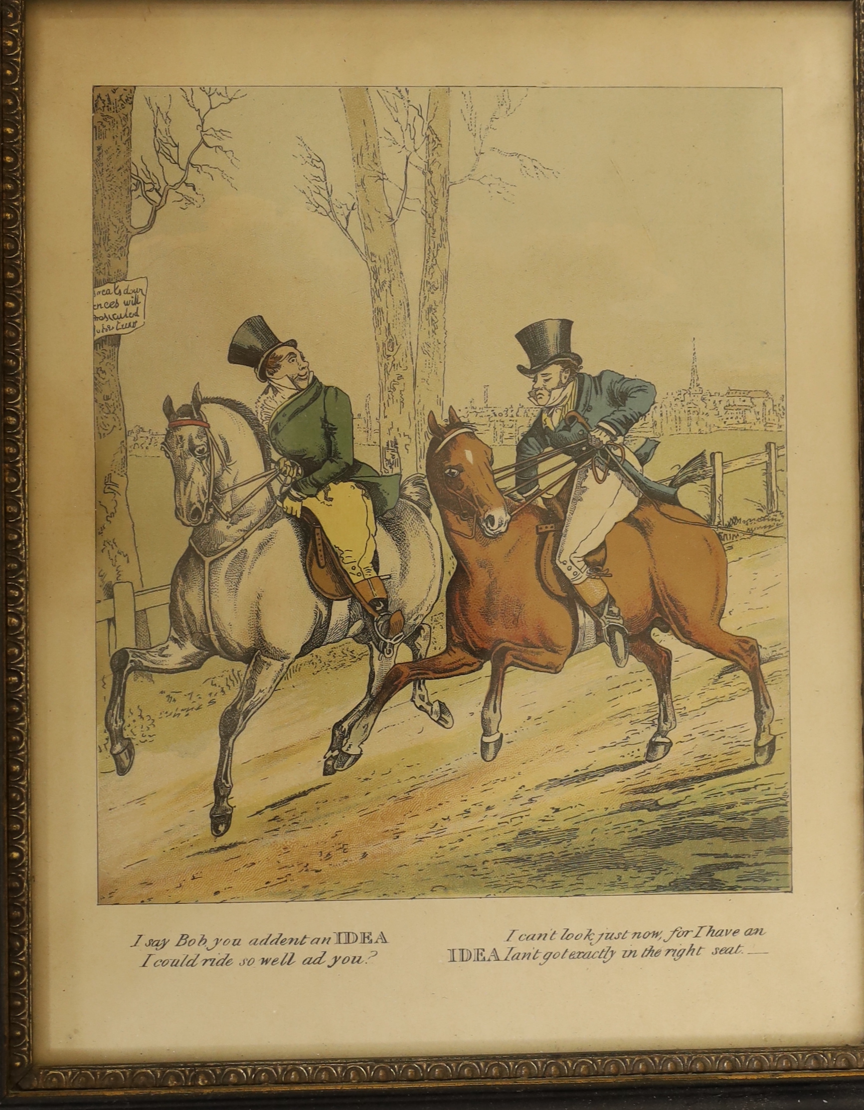 Early 19th century, watercolour, portrait of a Regency lady wearing a bonnet together with six hunting colour prints, watercolour 24 x 30cm